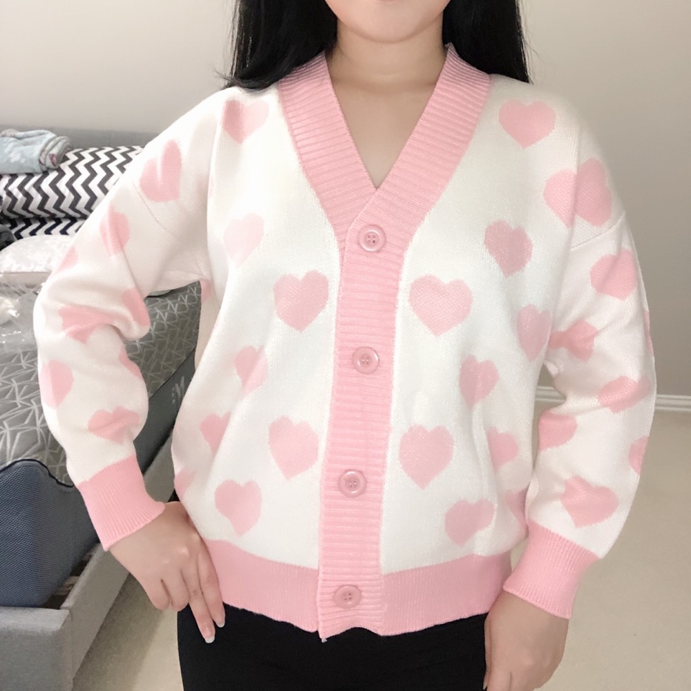 Women heart long sleeve v neck heart knit cardigan sweater jacket pullover
